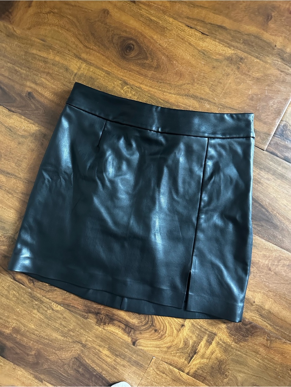 Black Faux Leather Mini Skirt with Front Slit